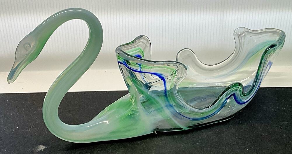 Vintage Art Glass Swan Bird Blue/Green Swirl Large Centerpiece Planter MCM Decor